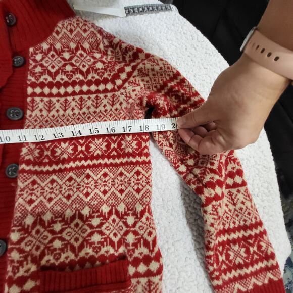 Eddie Bauer Vintage Red Fair Isle Print Lambs Wool Cardigan Sweater Size MED - Picture 3 of 4